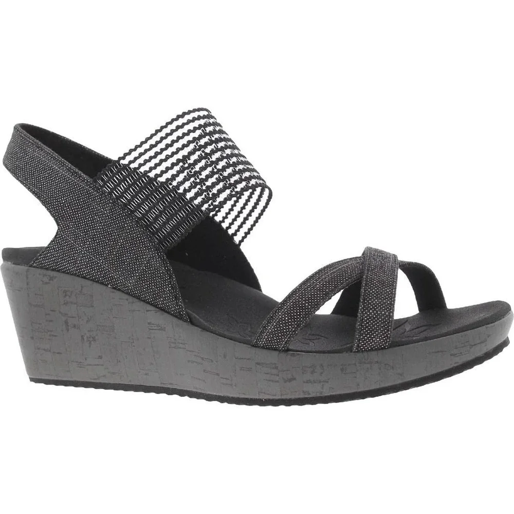 Skechers Beverlee High Tea Wedge Sandals Womens Size 9 Wide Black Slip On Shoes